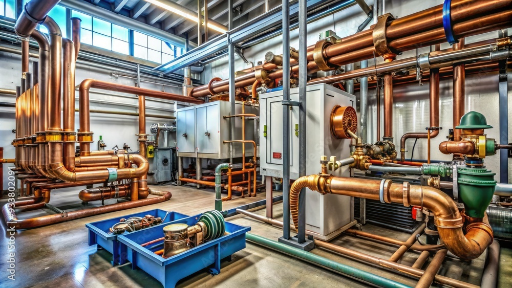 Tangled network of copper pipes, valves, and machinery receives maintenance in a large industrial air conditioning unit, with toolboxes and equipment scattered around. Tangled network of copper pipes, valves, and machinery receives maintenance in a large industrial air conditioning unit, with toolboxes and equipment scattered around.