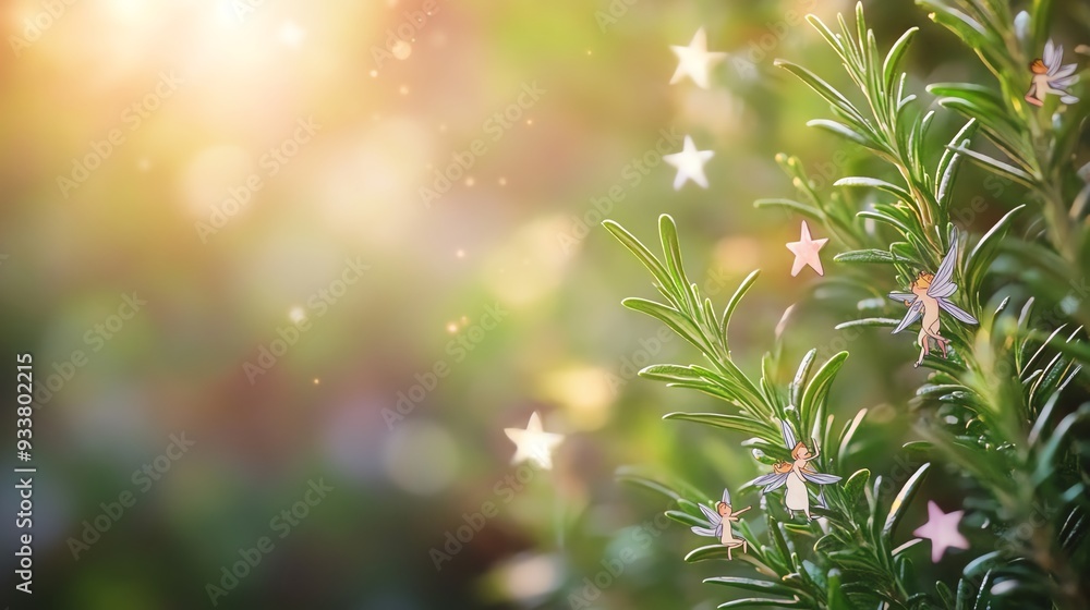Whimsical rosemary with cartoon fairies, watercolor stars Whimsical rosemary with cartoon fairies, watercolor stars