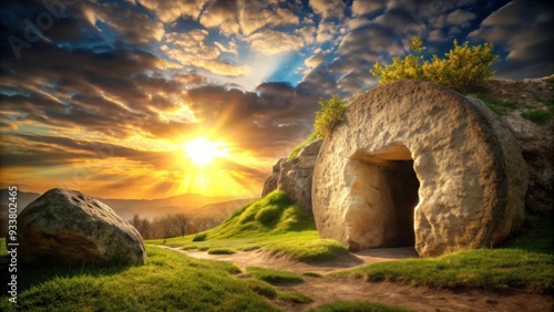 Empty tomb background with stone rolled away, resurrection, Easter, Christianity, religious, symbol, belief, faith, miracle