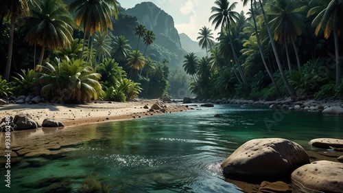 A serene tropical river scene with lush greenery, towering mountains, and clear waters reflecting the tranquil environment, highlighting nature’s untouched beauty, vibrant flora - AI iamge