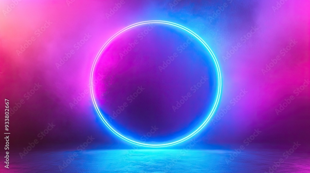 Fototapeta premium A neon blue circle glowing in the middle of a vivid, colorful gradient background, creating a striking visual effect.