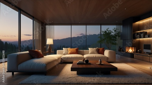 A tranquil evening scene in a modern living room with large windows overlooking a forest at dusk, soft lighting, contemporary furniture, and a cozy fireplace, evoking warmth and serenity AI iamge