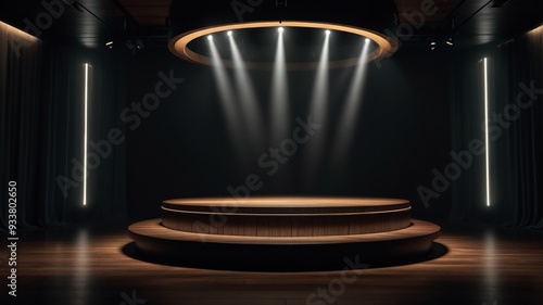 A dimly lit stage with a spotlight shining down on an empty circular platform, flanked by vertical lights, suggesting anticipation for a performance. AI-generated