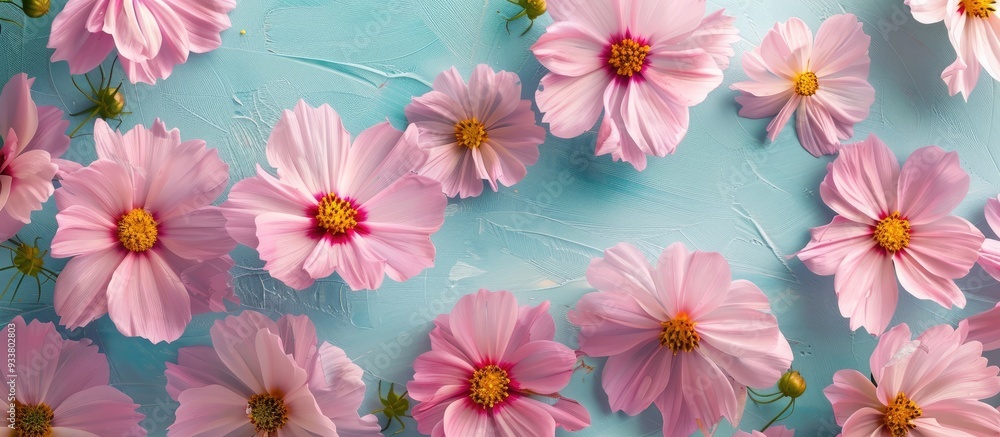 Pink cosmos flowers arranged on a matching background for a spring or summer theme. Top-down view for a flat lay composition with ample space for text or graphics. Pink cosmos flowers arranged on a matching background for a spring or summer theme. Top-down view for a flat lay composition with ample space for text or graphics.