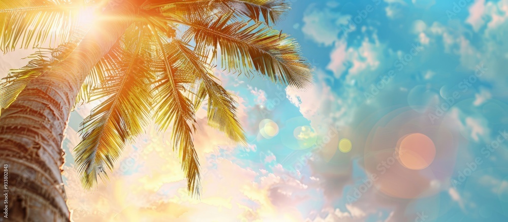 Tropical palm tree with sunlight on a sky backdrop creates copy space image. Tropical palm tree with sunlight on a sky backdrop creates copy space image.