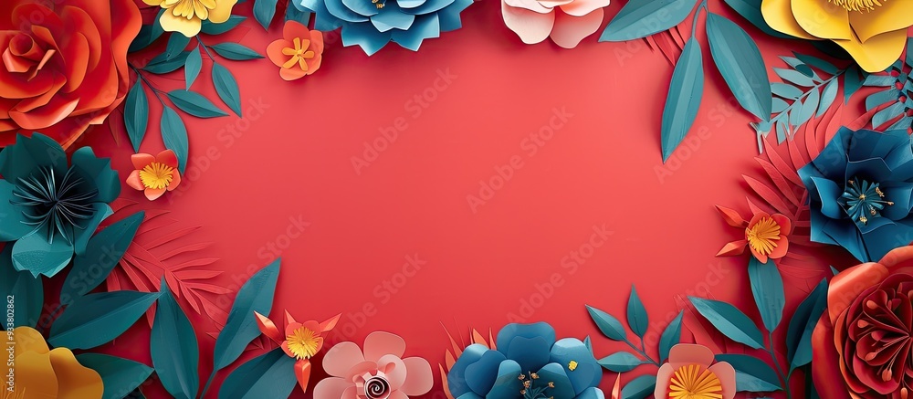 Paper flowers and leaves crafted into a frame on a red backdrop with copy space image. Paper flowers and leaves crafted into a frame on a red backdrop with copy space image.