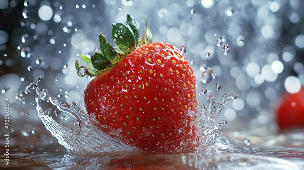 A ripe strawberry mid-splash, with water droplets frozen in motion, capturing freshness and vitality A ripe strawberry mid-splash, with water droplets frozen in motion, capturing freshness and vitality