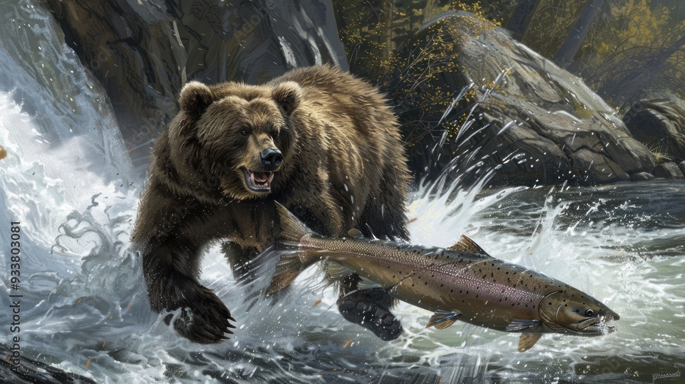 Grizzly Bear Catching Salmon in Rapids. Grizzly Bear Catching Salmon in Rapids.