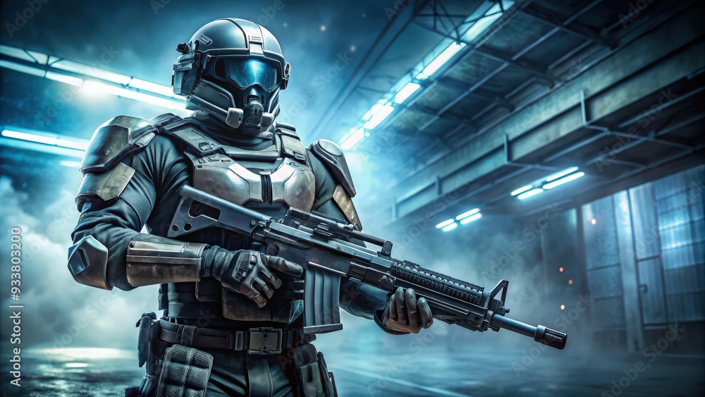 Naklejka premium Futuristic soldier special forces in high-tech armor and weapons, cyberpunk, defense, combat, futuristic, warrior