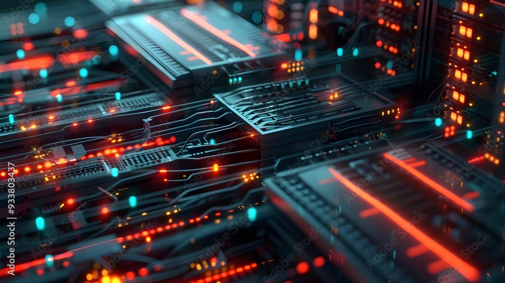 Connection network in servers data center room storage systems 3D rendering. Connection network in servers data center room storage systems 3D rendering.