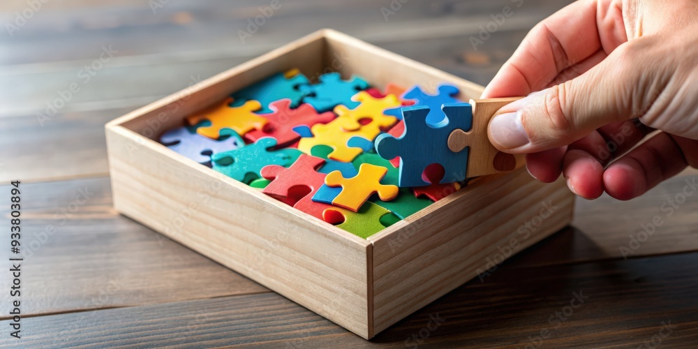 A close-up shot of a person's hand placing a colorful puzzle piece inside a box , solution, problem solving A close-up shot of a person's hand placing a colorful puzzle piece inside a box , solution, problem solving
