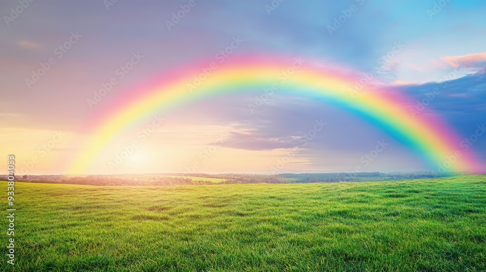 A vibrant rainbow arching over a lush green field, with a clear sky in the background, symbolizing hope and tranquility A vibrant rainbow arching over a lush green field, with a clear sky in the background, symbolizing hope and tranquility