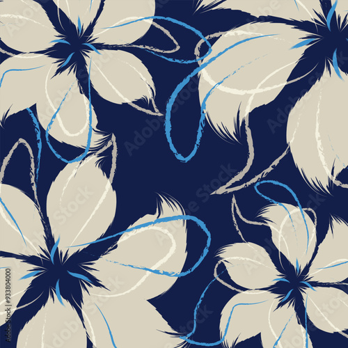 A textile design in vector of hand drawing patterns. Floral textile tropical bicolor flower and leaves miniprint andThe arrangement of the flowers is balance