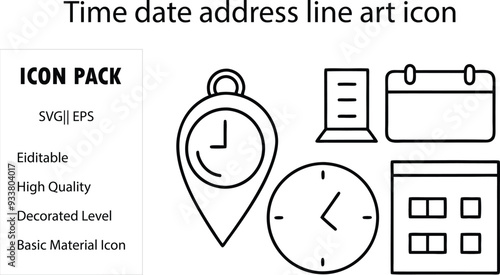 Time, date and address line icon set. Clock, calendar, location pin. Editable stroke. Vector illustration.
