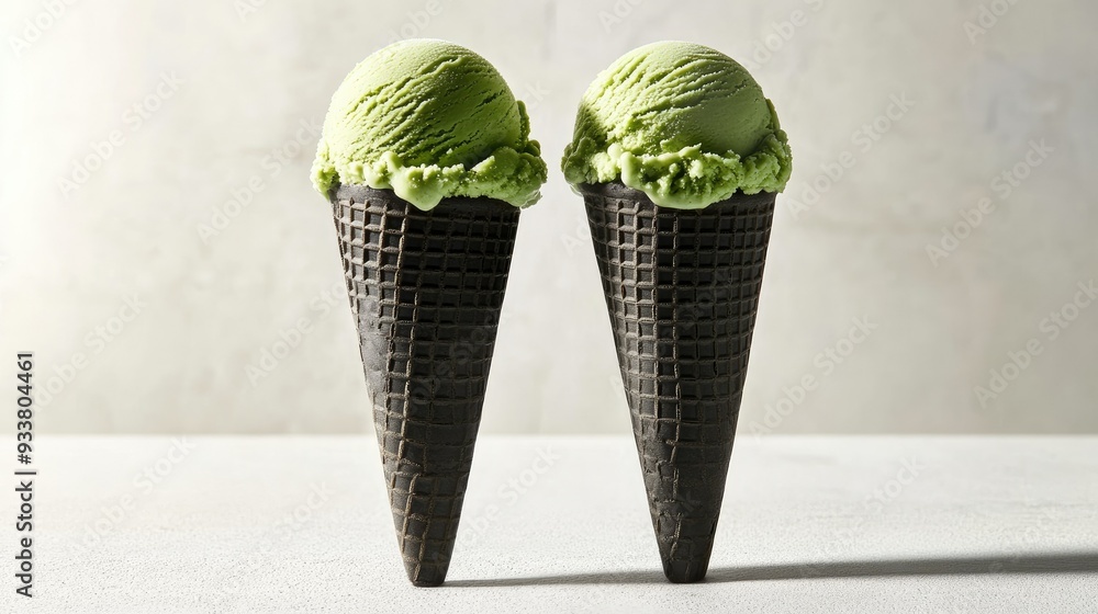 Artistic presentation of two matcha green tea ice creams in black cones, placed side by side, against a light backdrop Artistic presentation of two matcha green tea ice creams in black cones, placed side by side, against a light backdrop