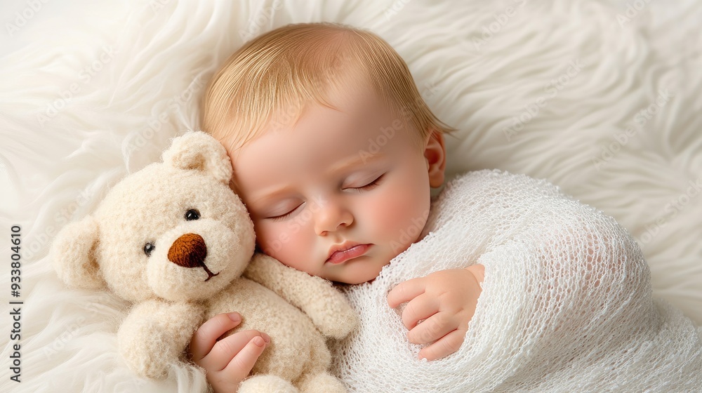 A peaceful newborn sleeps soundly beside a teddy bear on a soft white fur rug, capturing a tender moment in their early days of life A peaceful newborn sleeps soundly beside a teddy bear on a soft white fur rug, capturing a tender moment in their early days of life
