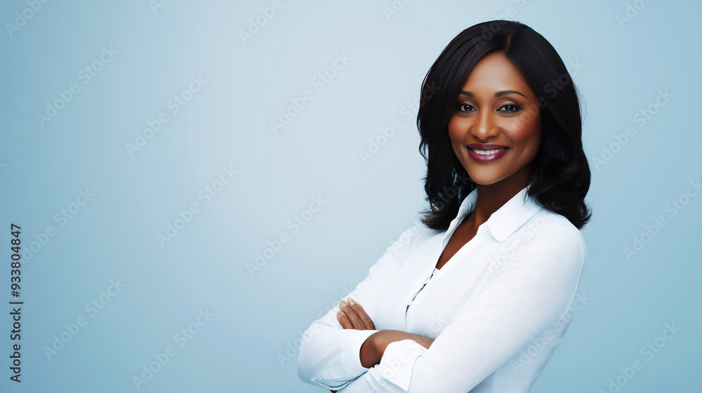 Portrait of professional African-American businesswoman with arms crossed, studio shot with pale blue background Portrait of professional African-American businesswoman with arms crossed, studio shot with pale blue background