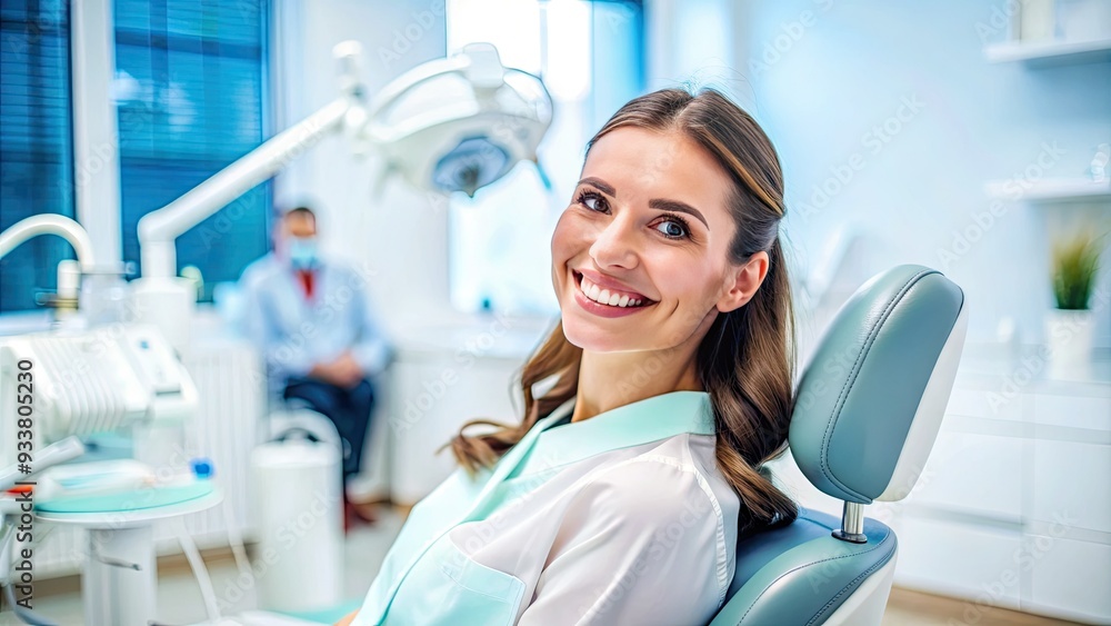 A relieved and happy patient flashes a bright, healthy smile in a modern dental office, surrounded by sterilized equipment and a calming ambiance. A relieved and happy patient flashes a bright, healthy smile in a modern dental office, surrounded by sterilized equipment and a calming ambiance.