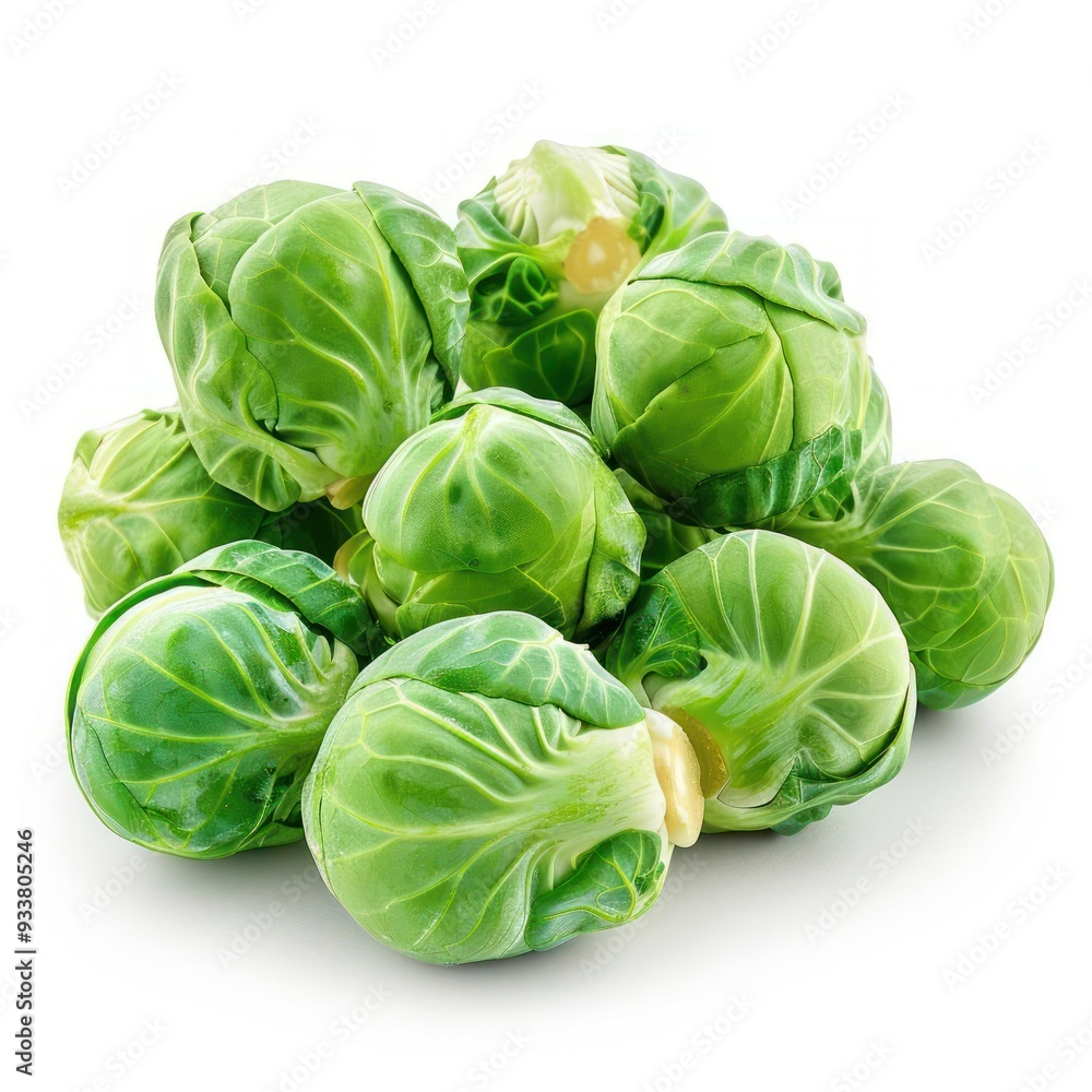 Pile of fresh, uncooked baby brussel sprouts or bubble-head cabbages on a plain white background. Pile of fresh, uncooked baby brussel sprouts or bubble-head cabbages on a plain white background.