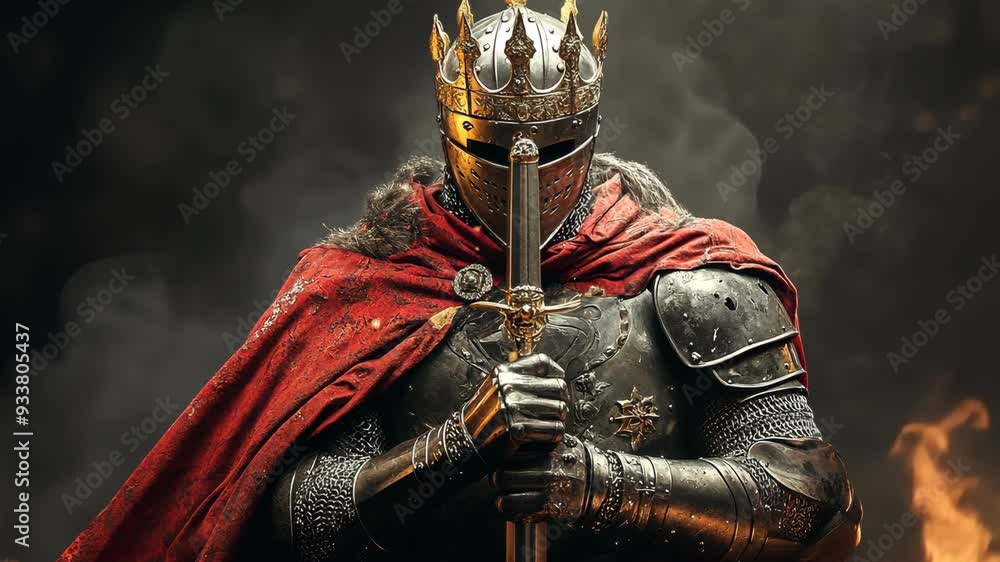 Knight in ornate armor stands confidently with sword in hand amid a ...