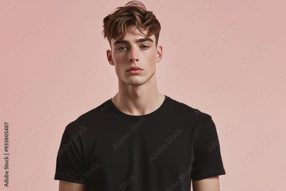 Joven modelo caucásico rubio, posando mirando a cámara, con una camiseta negra de manga corta sobre fondo rosa Joven modelo caucásico rubio, posando mirando a cámara, con una camiseta negra de manga corta sobre fondo rosa