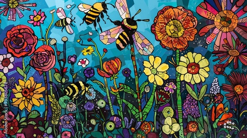 Wallpaper Mural Whimsical Collage of Bees and Flowers Torontodigital.ca