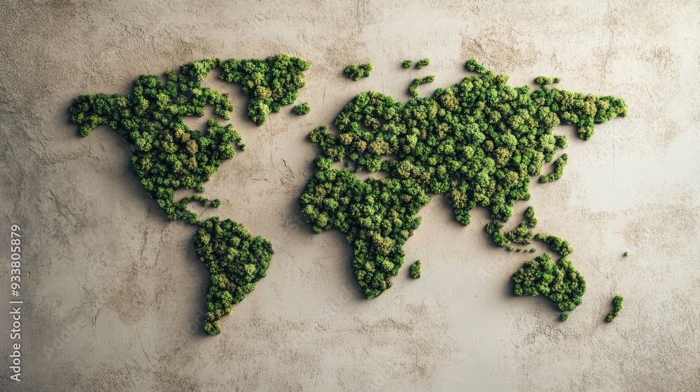 Earth map with continents formed by dense trees, set against a neutral ...