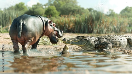 Hippopotamus and Crocodile Confrontation.