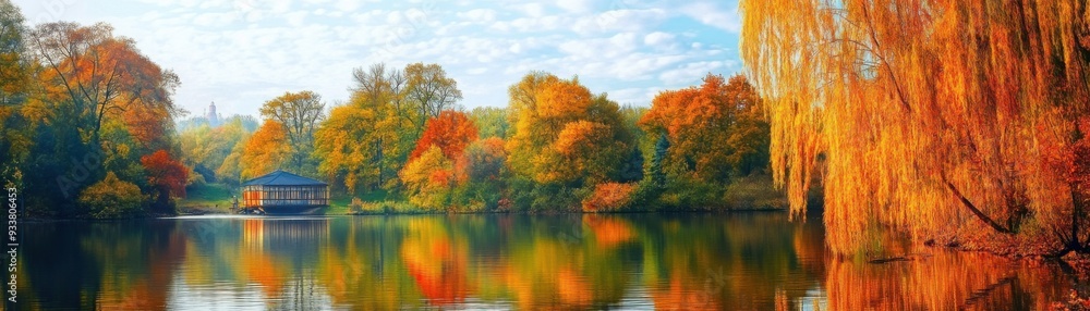 Serene autumn lake with vibrant trees, colorful reflections, and a boat house. Serene autumn lake with vibrant trees, colorful reflections, and a boat house.