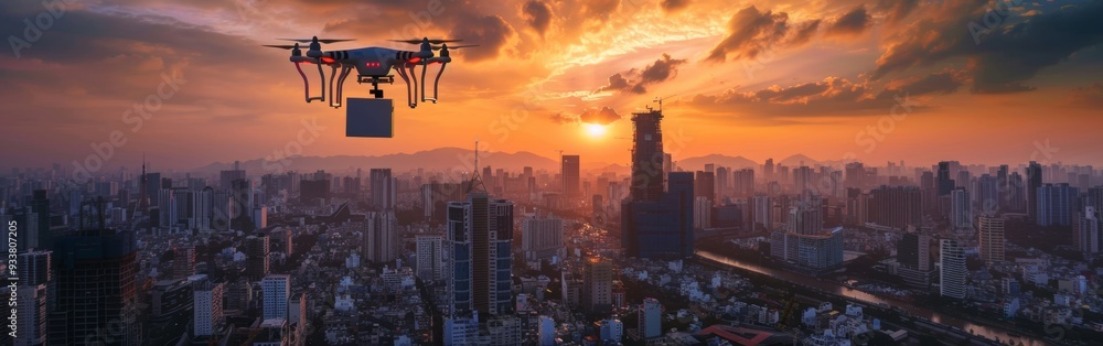 Obraz premium A drone carrying a package flies over a modern cityscape during a vibrant sunset, symbolizing futuristic urban delivery. With copy space for text. Wide web banner.