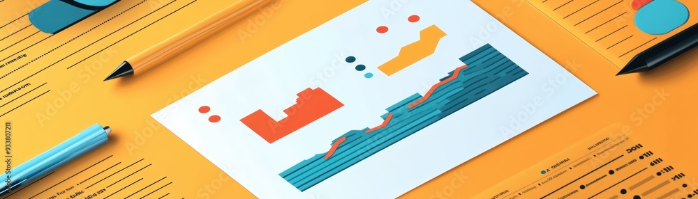 Fototapeta premium A flat lay image featuring colorful charts and graphs on a vibrant orange background, with pencils and notes arranged around them for a dynamic presentation