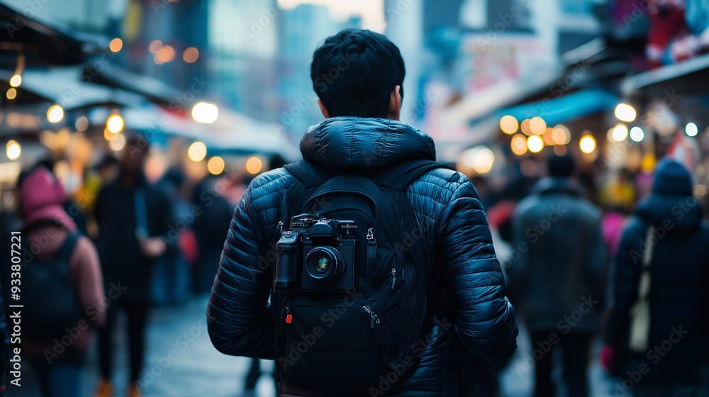 black camera slung over a shoulder at a bustling street market black camera slung over a shoulder at a bustling street market
