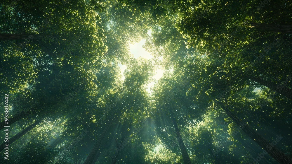 A serene view of a lush green forest, with sunlight filtering through the dense canopy, creating a tranquil and enchanting atmosphere A serene view of a lush green forest, with sunlight filtering through the dense canopy, creating a tranquil and enchanting atmosphere