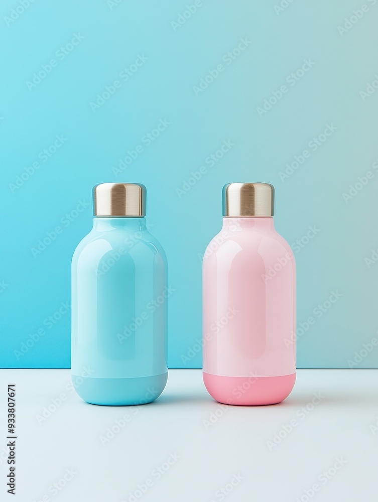 product photography two flask bottles standing on white counter, pastel pantone color background product photography two flask bottles standing on white counter, pastel pantone color background