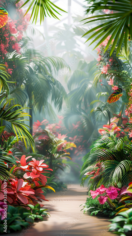 Lush Tropical Forest Path with Sunlight Streaming Through Canopy Lush Tropical Forest Path with Sunlight Streaming Through Canopy