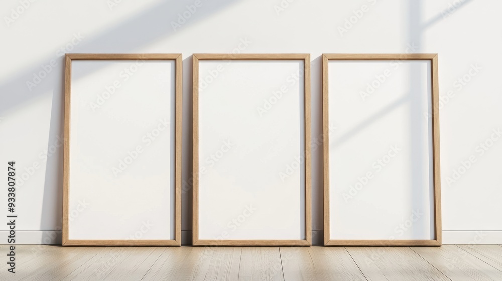Three vertical wooden frames placed on a wooden floor against a white wall, ideal for showcasing art or photography in a minimalist gallery setting. Three vertical wooden frames placed on a wooden floor against a white wall, ideal for showcasing art or photography in a minimalist gallery setting.
