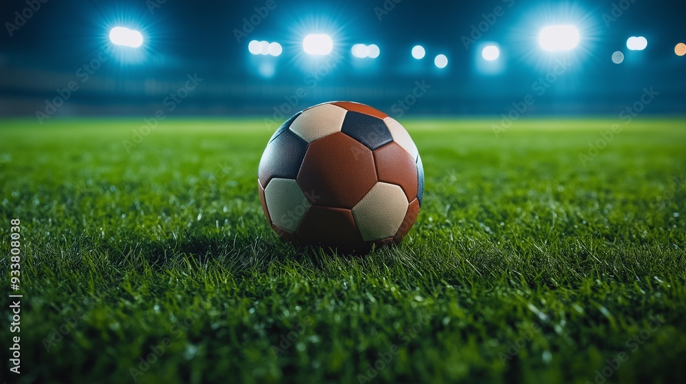 Fototapeta premium brown football on the grass of a stadium field