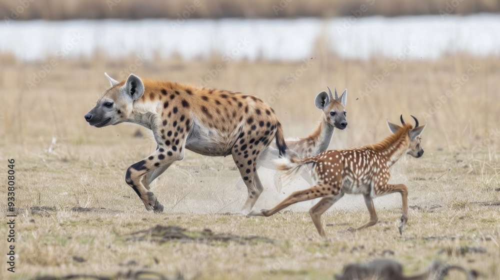 Hyena Chasing Two Fawn in Grassy Field. Hyena Chasing Two Fawn in Grassy Field.