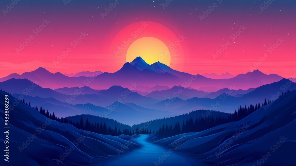 A vibrant digital landscape featuring mountains silhouetted against a colorful sunset, with a winding path leading into a serene valley A vibrant digital landscape featuring mountains silhouetted against a colorful sunset, with a winding path leading into a serene valley
