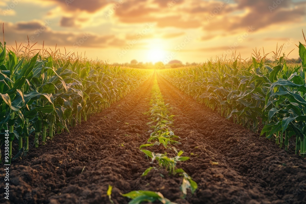 A picturesque cornfield stretches towards a sunset, showcasing rows of green plants against a vibrant sky, symbolizing agriculture and nature's beauty A picturesque cornfield stretches towards a sunset, showcasing rows of green plants against a vibrant sky, symbolizing agriculture and nature's beauty
