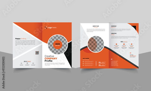 Bi fold brochure Business orange color layout design with 2 pages
