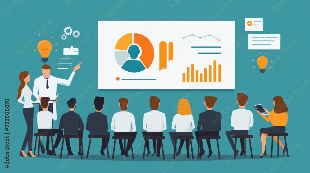A corporate presentation scene with a speaker highlighting data on a large screen while an engaged audience listens and interacts, showcasing teamwork and communication A corporate presentation scene with a speaker highlighting data on a large screen while an engaged audience listens and interacts, showcasing teamwork and communication