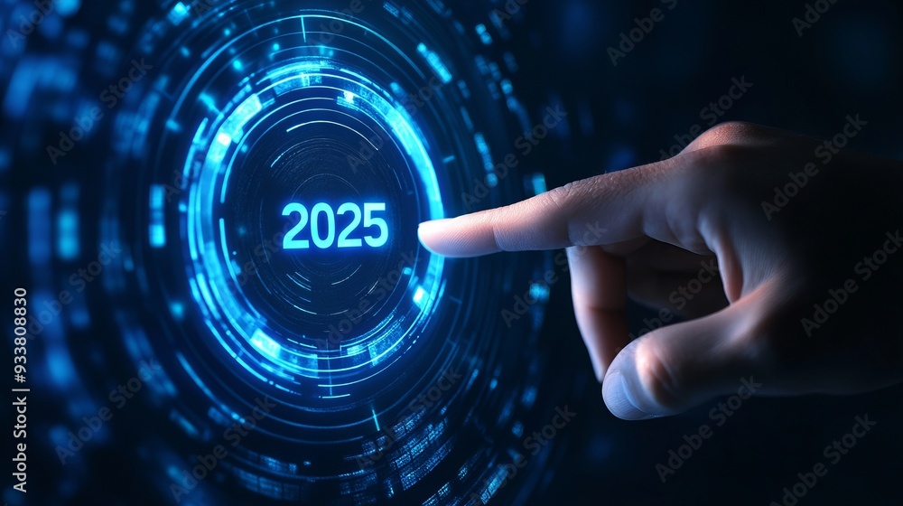 Finger is pressing the button where is written 2025, blue digital background Finger is pressing the button where is written 2025, blue digital background