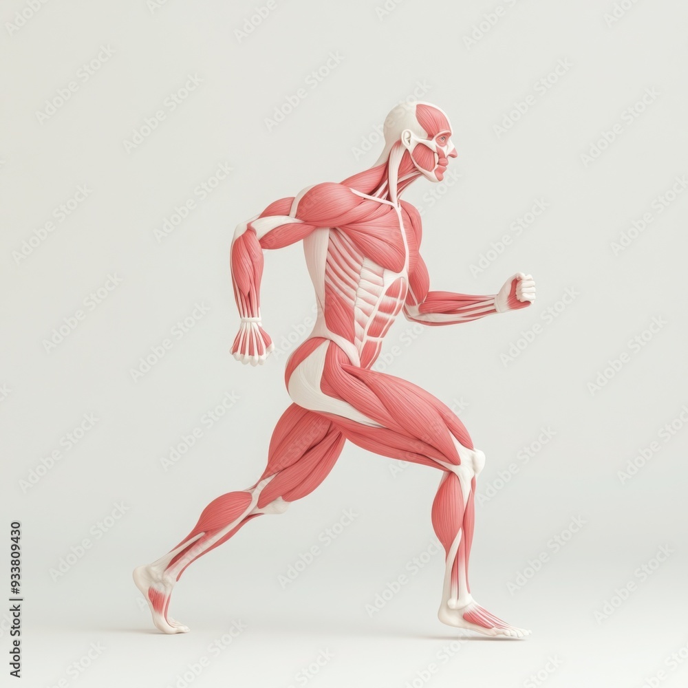 Side view of a running athlete with highlighted muscles showing activation during movement, anatomy, muscle function in motion Side view of a running athlete with highlighted muscles showing activation during movement, anatomy, muscle function in motion