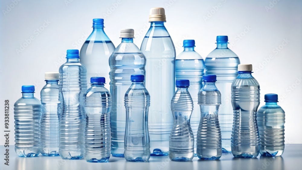 Transparent refillable plastic water bottles of various sizes stacked on top of each other on a white background, showcasing eco-friendly hydration storage solutions. Transparent refillable plastic water bottles of various sizes stacked on top of each other on a white background, showcasing eco-friendly hydration storage solutions.