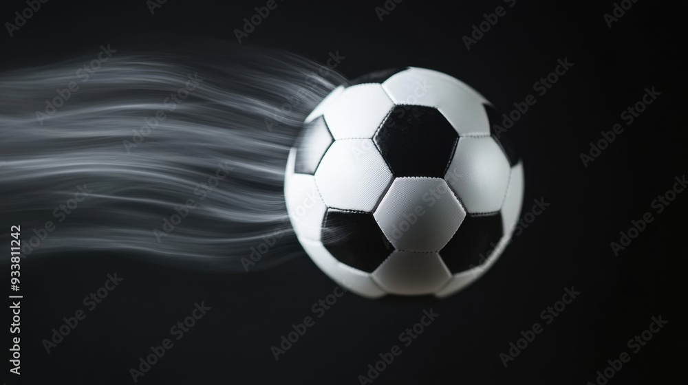 Naklejka premium Rotated soccer ball frozen in mid-air, detailed with motion blur to suggest fast movement, perfect for sports or dynamic action shots.