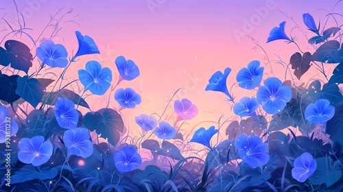 A peaceful twilight with cartoon morning glories and watercolor glow