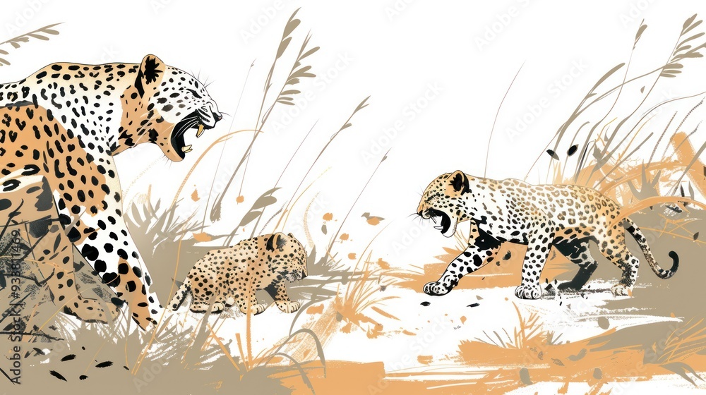 Naklejka premium Leopard Family in the Grass.