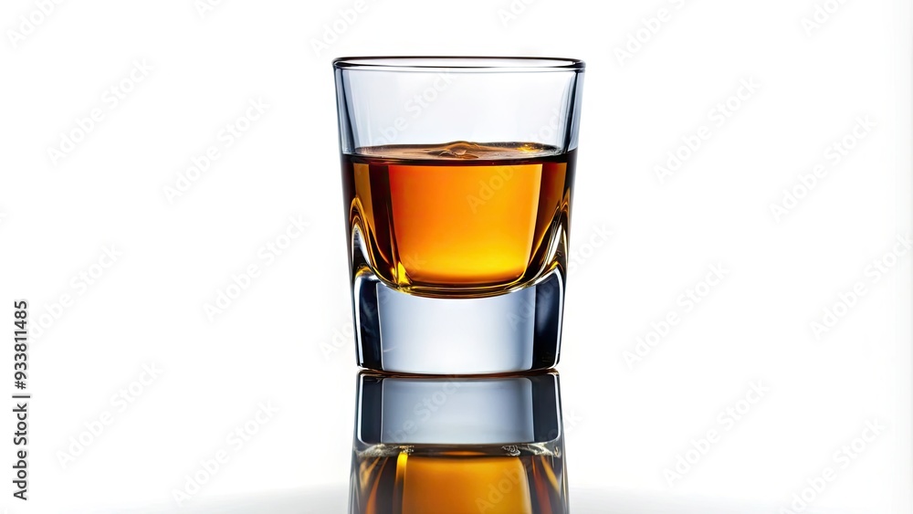 A single shot of whiskey or other liquor fills a small clear glass, dramatically lit and isolated on a pure white background. A single shot of whiskey or other liquor fills a small clear glass, dramatically lit and isolated on a pure white background.