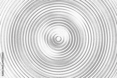 Radial halftone gradient background. Dotted concentric texture with fading effect. Black and white circle shade wallpaper. Grunge rough vector. Monochrome backdrop